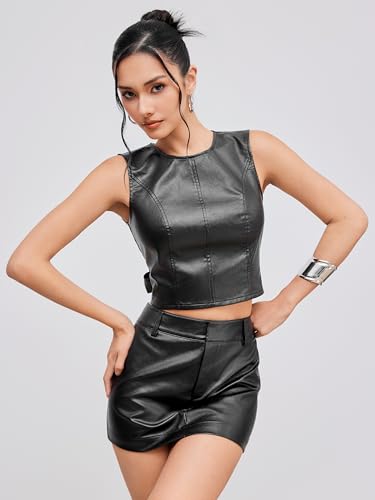 CIDER Shirts for Women Faux Leather Crew Neck Knotted Backless Sleeveless Crop Top Vest Solid Lined2