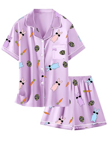 Image of Schbbbta Girls Womens Pajamas, Satin Silky Pjs Set Kids 2Pcs Button-Down Nightwear Sleepwear Gift for Mommy and me