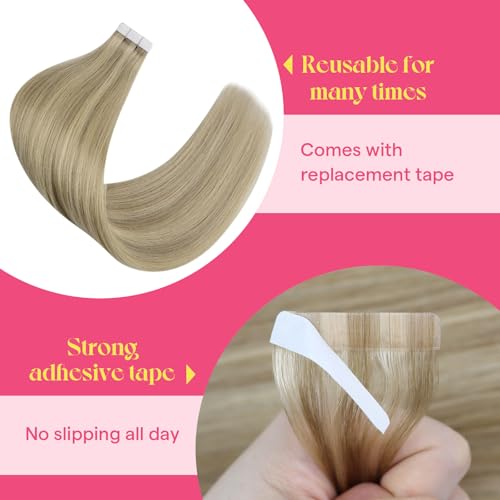 Image of Ve Sunny Hair Tape in Extensions 24Inch Long | Golden Blonde Highlights Light Blonde,50g 20Pcs,Easy to Maintain,for Wedding