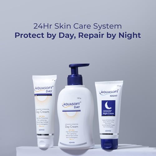Image of Aquasoft Day Cream SPF50+ PA+++ w /Triple Action care for moisture, sun protection & brightening Formulated with Sodium Hyaluronate, Niacinamide, antioxidants, 150g,Pack of 2
