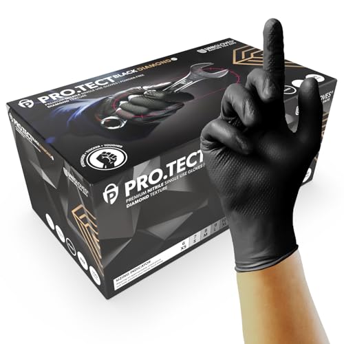 UNIGLOVES PRO.TECT Black Diamond HD, guantes desechables de nitrilo, puño con reborde, textura de diamante, extra resistentes y máxima protección, compatibles con pantallas táctiles, talla L