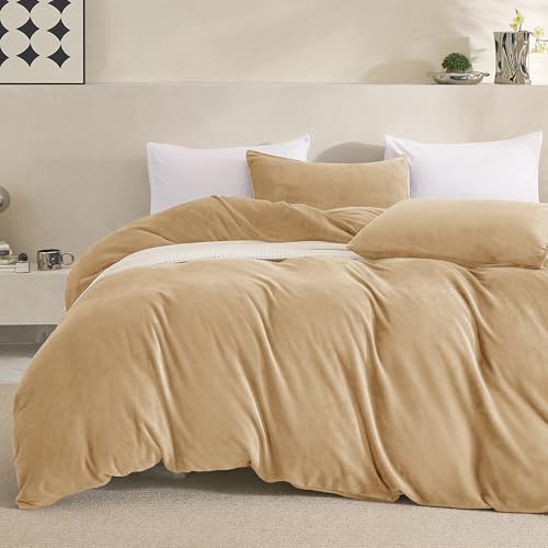 JELLYMONI Khaki Velvet Duvet Cover Queen Size - 3 Piece Ultra Soft Plush Bedding Set Luxury Fluffy Comforter Cover with Zipper Closure & 8 Corner Ties for Bedroom