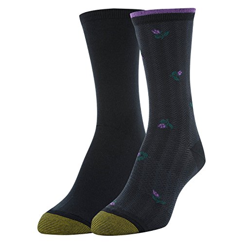 Gold Toe womens Little Black Rose and Flat Knit Crew Socks, 2 Pairs Dress Sock, Black Rose Bone/Solid Black, Shoe Size 6-9 US