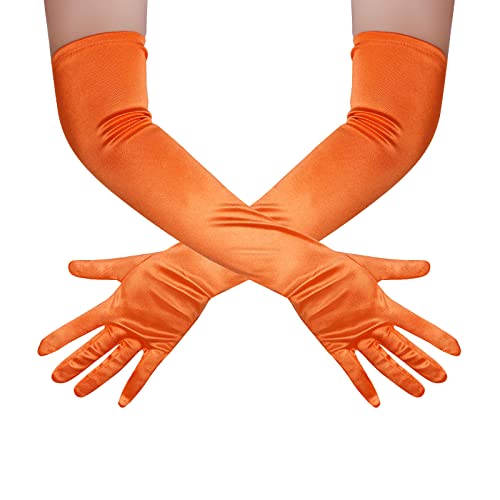 Wobe Long Opera Party 20s Satin Gloves Stretchy Adult Size Elbow Length Wedding (Orange)