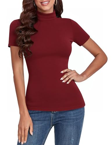 Totatuit Damen T-Shirt Stehkragen Shirt Rollkragen Kurzarm Top Basic Baumwolle Oberteile,Rippshirt Kurzarm Turtleneck Shirt für Frühling Herbst Winter Weinrot M