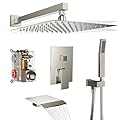 Rain Shower System 12 inch Shower Faucet Set with Tub Spout,Bathroom Wall Mounted Waterfall Shower Head Faucet Sets Complete with Handheld Spray,Rough-in Valve Body and Trim kit,Brushed Nickel