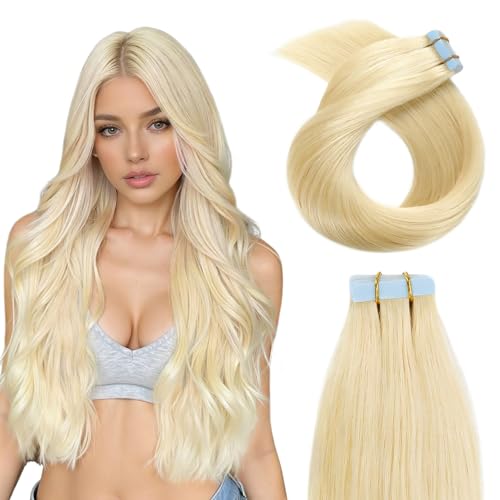 YILITE Bleach Blonde Tape in Hair Extensions Human Hair 16 inches 20pcs 40g Silky Seamless Tape in Hair Extensions Remy Human Hair #613 Bleach Blonde Skin Weft Straight
