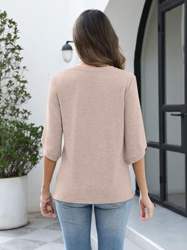 Image of TICTICMIMI Womens Tops 3 /4 Length Sleeve V Neck Casual Trendy Button Tunic Tops Summer Basic T-Shirts Loose Fit Pullover