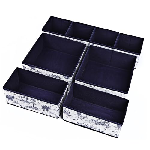 Image of House of Quirk Non-Woven Foldable Cloth Storage Box, Set of 8 Closet Dresser Drawer Organizer Containers for Underwear, Socks, Ties, Scarves with Drawers (Greek Blue), 28x28x13 cm