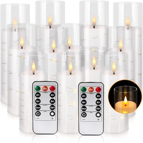Image of YOROXRG Flickering Flameless Candles Battery Operated with Remote,Led Pillar Candles with Realistic Moving Wick Candles for Halloween,Christmas,Home Decor Pack of 12 (D2.2 xH 5 inch 6 inch 7 inch)(White)