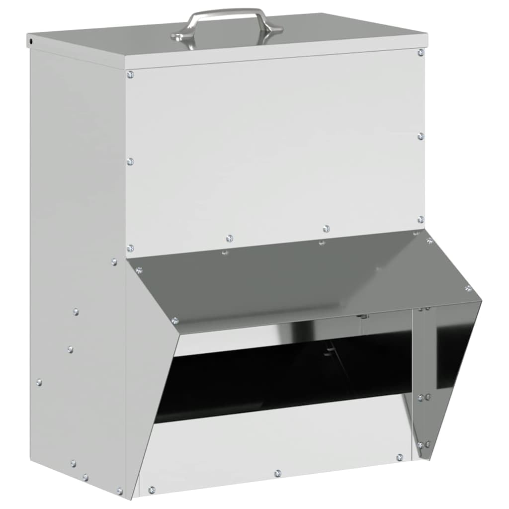Comedero para gallinas de acero galvanizado plateado 20 x 25 x 35 cm, diseño moderno y limpio para interior y exterior, práctico para alimentar aves de corral con fácil mantenimiento.