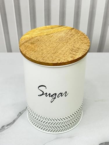 Image of JISCOVERY Airtight Tea, Sugar & Coffee Container Set of 3| Metal Storage Canister with Wooden Lid for Kitchen| Storage Box for Kitchen Counter Top| 1300 ML| White