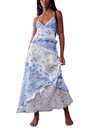 Image of SOOKABEILA Women Y2k Boho Maxi Dress Floral Lace Sheer Tiered Flowy Cami Long Dress 2025 Summer Smocked Beach Sundress
