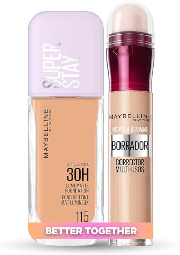 Maybelline New York Pack Base de Maquillaje Lumi Matte, Tono 115 + Maybelline New York Corrector de Ojeras, Bolsas e Imperfecciones,Tono: 01 Light, 6.8 ml