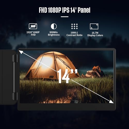 14 1080P FHD Laptop Screen Extender – Portable Monitor for 13-17 Laptops with Dual Speakers, Plug-and-Play via Type-C/HDMI/USB-A for Windows/Mac/Chrome