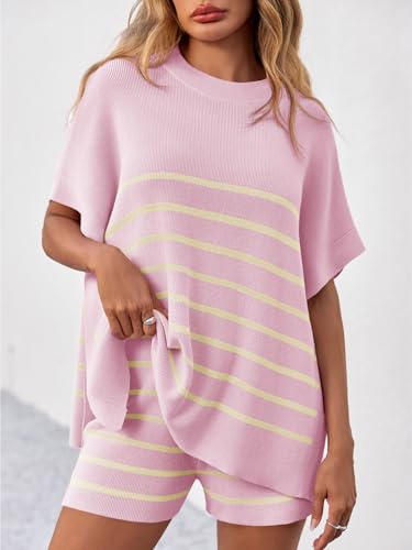 Fisoew Women\'s Striped 2 Piece Outfits Oversized Batwing Short Sleeve Tops High Waisted Shorts Summer Knit Lounge Short Sets Pink