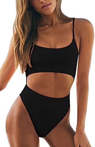 Womens Spaghetti Strap Lace Up Cutout High Waisted Thong One Piece Swimsuit