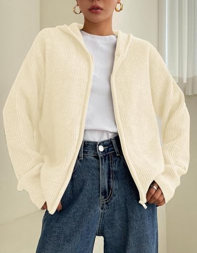 Image of SOLY HUX Zip Up Cardigan for Women Hooded Cardigan Sweater Knitted Drop Shoulder Fall Clothes Winter Hoodies Outerwear