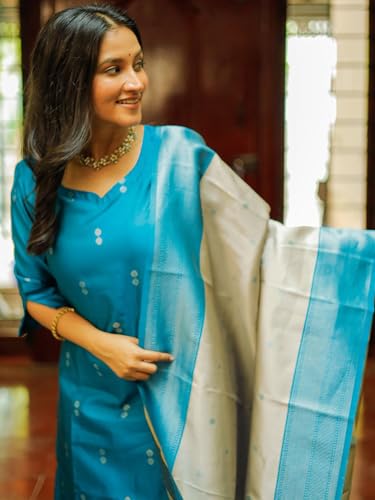 Image of ABTER Women's Teal Blue Kurta Pant Dupatta Set with Woven Border and Printed Motifs, Sky Blue Rasmalai Suit
