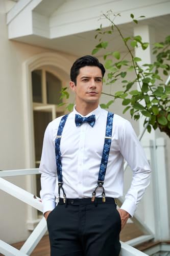 Image of HISDERN Suspenders for Men Paisley Floral Bow tie Suspender Pocket Square Sets Adjustable Y Shape 6 Clips Wedding Braces