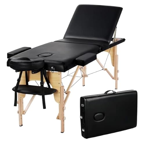 Abician Table de Massage Pliante Réglable en 8 Hauteurs Table de Massage Portable 3 Sections Pieds en Bois Massif Dossier Têtière Repose-Bras Hamac 213 x 82 cm Noir Cover