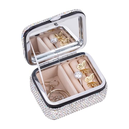 UPPWOO Mini organizador de joyas de viaje con brillantes, caja de almacenamiento de joyas pequeña portátil con diamantes de imitación blancos brillantes para mujeres con espejo para regalo de
