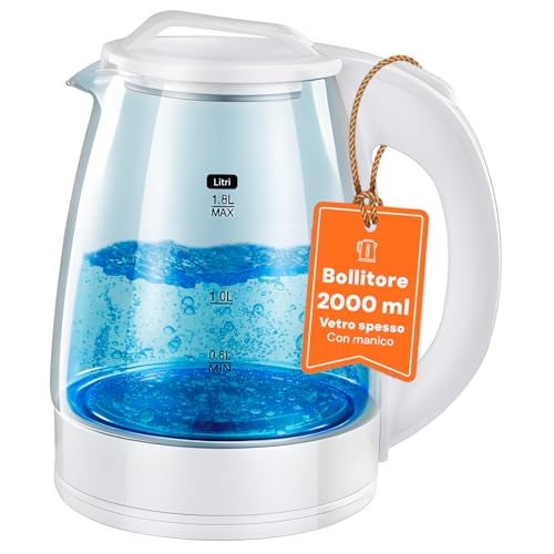 Avilia Bollitore Elettrico in Vetro 2L -1500W - Bollitore con Temperatura Regolabile, Spegnimento Automatico, Impugnatura Antiscivolo e Piastra in Acciaio Inox - Teiera Bianca