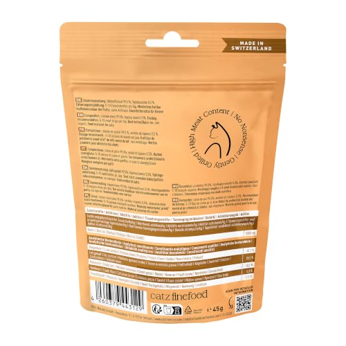 catz finefood Meatz Katzen Leckerlies Huhn N° 3 - knusprige Fleischstreifen, gegrilltes Hühnerfleisch mit Biotin für gänzendes Fell - Katzensnack ohne Zucker, getreidefrei, 45g