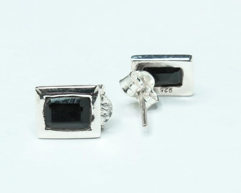 Boucle d'oreille onyx noir rectangulaire, puce argent 925 solitaire - 4