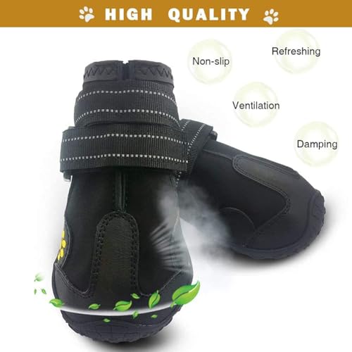 HuaTek Hundestiefel, wasserdichte Hundestiefel,Regenstiefel,Hundeschuhe für mittelgroße bis große Hunde mit Zwei reflektierenden Befestigungsbändern und robuster Rutschfester Sohle(schwarz, 4 Stück)