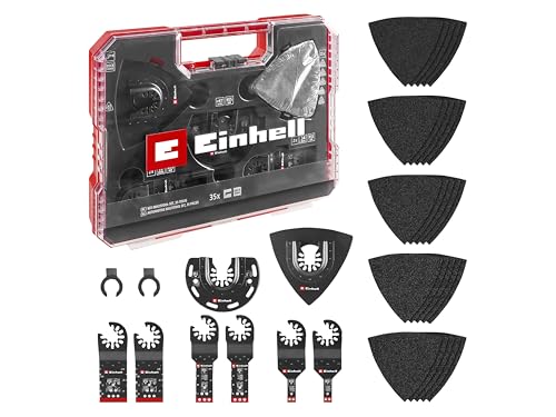 Einhell XL-PLUS-CASE - Juego de 35 herramientas para madera (hojas de sierra de inmersión CV, hoja de sierra semicircular HCS, placa de soporte Delta, papel de lija de óxido de aluminio para madera,