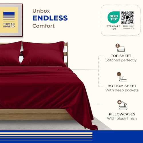 Image of THREAD SPREAD Egyptian Cotton Sheets Queen Size - 1000 Series High Thread Count Cotton Queen Sheet Set (6 PC, Burgundy), 16 inch Snug Fit Deep Pocket, Cooling, Sateen Weave, Ultra-Soft Hotel Luxury Sheets