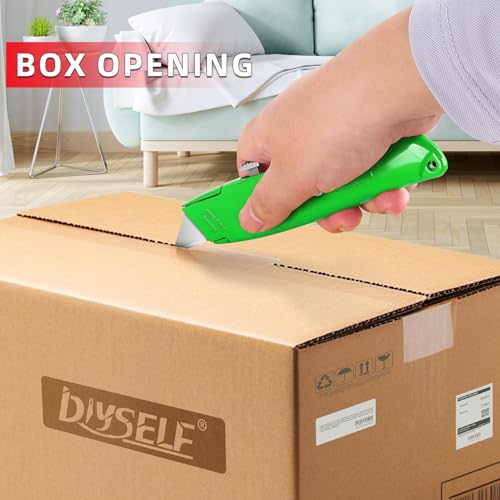 Image of DIYSELF 20 Pack Retractable Box Cutters, Heavy Duty Razor Utility Knives | Box Cutter for Boxes, Paper, Carpet and Vinyl, Utility Knives for Garage, Home and Office, PVC Pipe Cutter (Green)