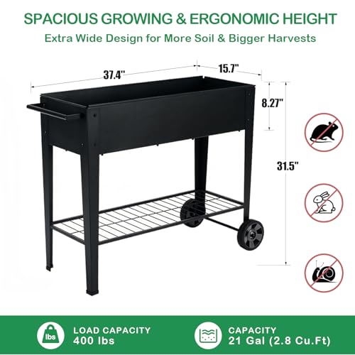Image of 31.5 inch Tall Raised Garden Bed with Wheels, Extra 15.7 inch W Planter Box (400 lbs Loads) with Storage Shelf & Handle,Heavy Duty Metal Garden Planter for Vegetables, Herbs & Flowers, Patio & Balcony