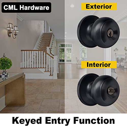 Cml Hardware (4 Pack) Matte Black Entry Door Knobs, Keyed Different Lock Sets, For Front/Back Door, Round Ball Handle #TOP2
