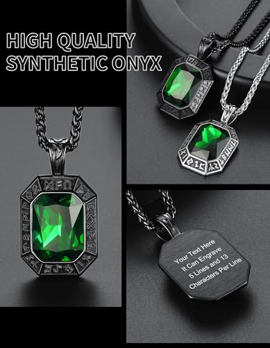 Image of ChainsHouse Viking Rune Pendant Necklace for Men Women, Punk Biker Black Metal /316L Stainless Steel Onyx Norse Vintage Amulet Necklaces with Black /Red /Green /Blue Gemstone, Send Gift Box