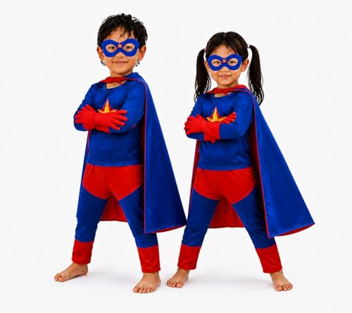 Image of superhero costumes for kids | Blue Red Full Sleeve T-Shirt & Track Pants | Kids Fancy Dress for Birthday Party, School Function for age group 3 to 8 yrs