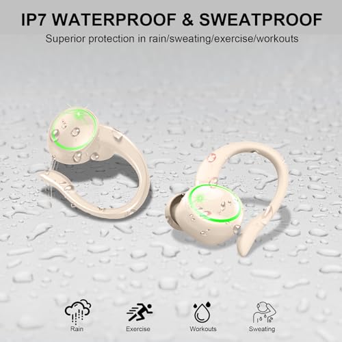 Image of Matast Wireless Earbuds, Bluetooth Headphones Sports, Bass Fitness Earphones Gym Running, IP7 Waterproof Headset with Earhook Workout, Playback Over-Ear Buds with ENC Noise Cancelling Mic
