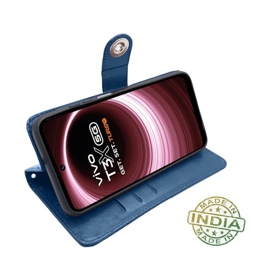 Image of Pikkme Vivo T3x 5G / Vivo Y200i 5G Flip Cover Leather Finish | Inside TPU with Card Pockets | Wallet Stand and Shock Proof | Complete Protection Button Flip Case (Blue)