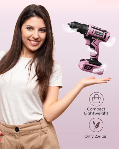 Pink Cordless Drill Set, VIWKO 20V Electric Power Drill for Women, Lightweight Electric Screwdriver Driver with Power Pack & Charger, 3/8" Keyless Chuck, Womens Tool Kit for House