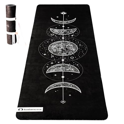 Yoga Mat With Strap 5mm Non Slip Suede & TPE - Moon Black Eco-Friendly Fitness & Exercise Mat for Home Gym Pilates Hot Yoga and Meditation - Lightweight Durable 72 x 24 inch Workout Mat for Women Men