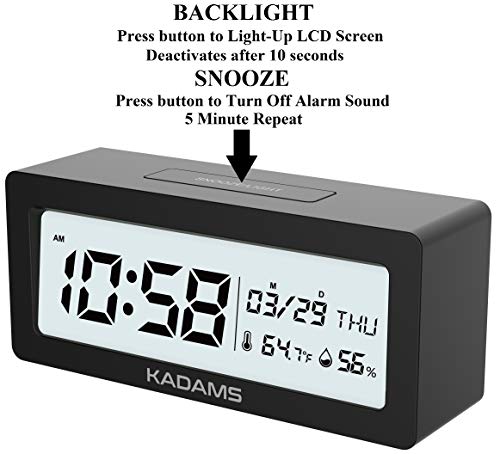KADAMS Battery Digital Alarm Clock with Snooze, Backlight, Calendar Month Date Day, Temperature and Humidity, Low Battery Indicator, Small Portable Travel Clock, for Shelf Desk Table - Black