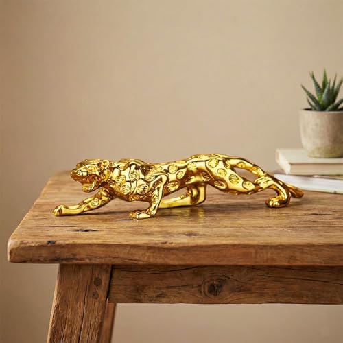 Image of Creative Leopard Statue, Lucky Fengshui Jaguar /Cheetah Gift for Car Office Home Decorative Showpiece - 4.5 cm (Polyresin, Gold) (Small)
