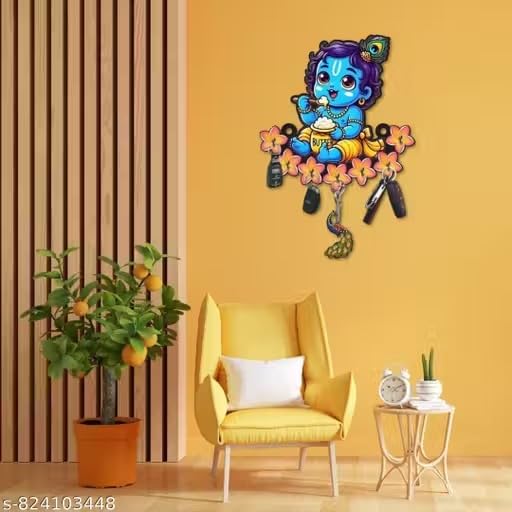 Image of Vintage Collection Wooden Key Holder for Wall, Wall Mounted Key Stand with Hooks, Hanging Rack for Living Room, Office and Door (Kanha Ji Keyholder)