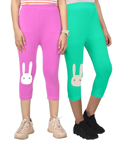 Image of KYDA KIDS Girls Cotton Printed Stretchable Capri Leggings (3 /4 th Pant) for Dance, Yoga, Running, Exercise, Pack of 2