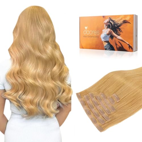 Image of DOORES Seamless Clip in Hair Extensions Real Human Hair, Honey Blonde 110g 7pcs 20 Inch, Extensions Clip in Straight Remy Hair Invisi Edge