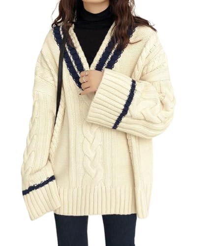 chouyatou Women's Casual Cable Knit Pullover Sweaters Color Block Striped Slouchy Oversized Sweater Knit Jumper Tops