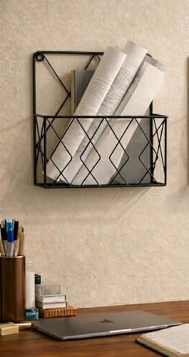 Image of Wall Mounted Metal Magazine Holder | Hanging File Organizer for Documents, Magazines, Newspapers & Mail | Decorative Storage Rack for Home, Office & Workspace | Black