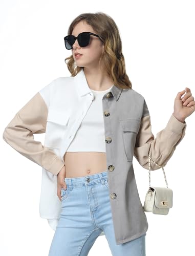 Image of Mebius Girls Shacket Jacket Long Sleeve Plaid /Corduroy Color Block Button Down Casual Collared Shirt with Pocket