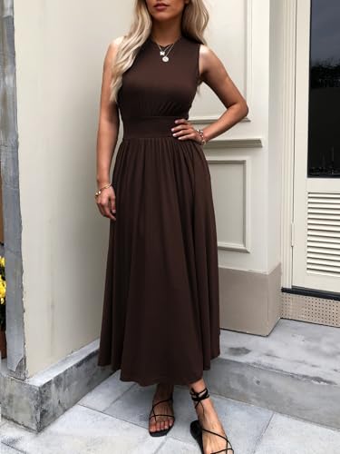 Women's Sleeveless Summer Maxi Dress Crewneck Casual Swing Pleated Long Dresses with Pockets3